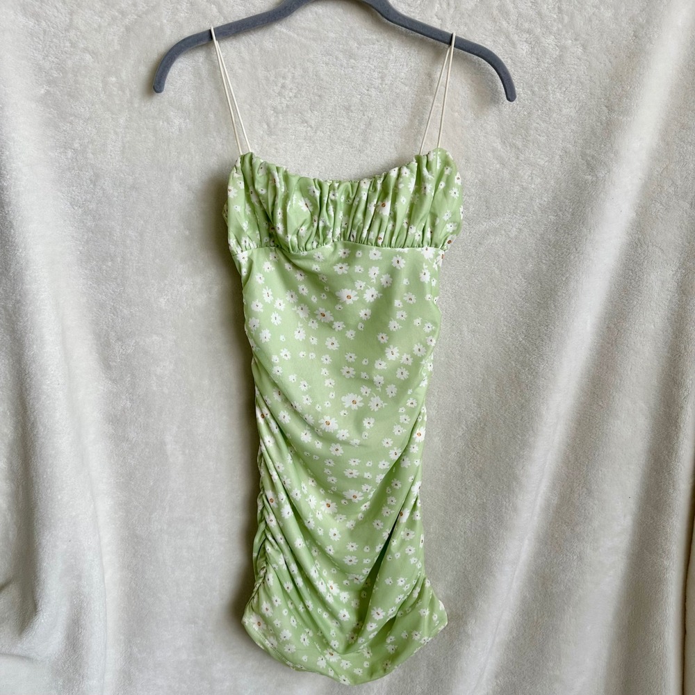 Princess Polly Sage Green Daisy Floral Ruched Bodycon Spaghetti Strap Mini Dress
